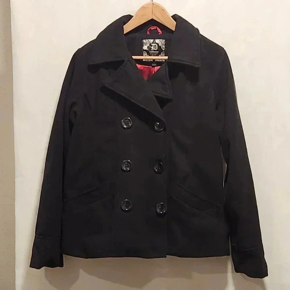 Dollhouse Women's Size L Black Double Breasted‎ Coat Red Lining Polyester/Wool - Picture 1 of 10